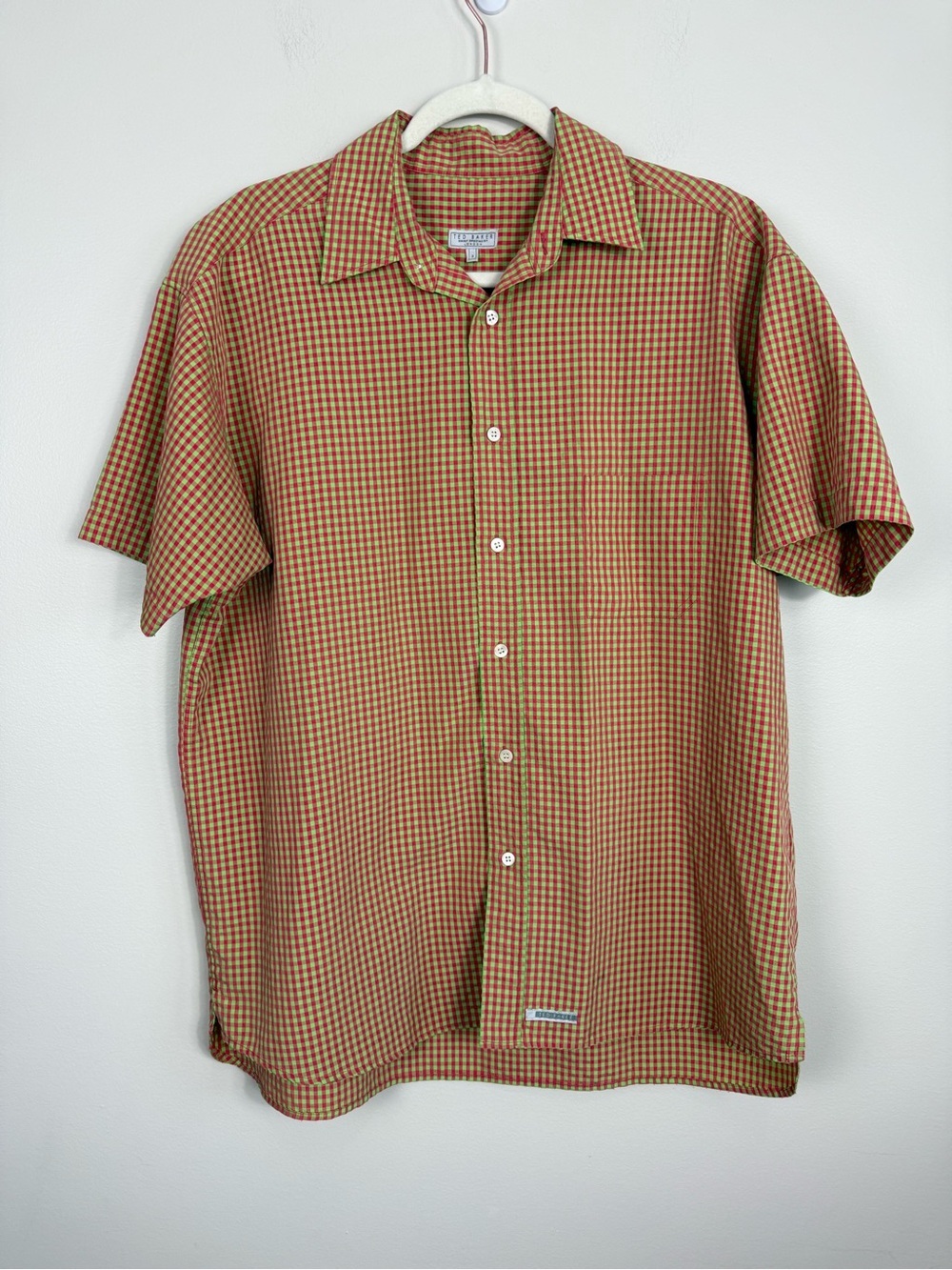 Ted Baker Button Down Mens Medium Pink Green Plaid Short Sleeve Top Office